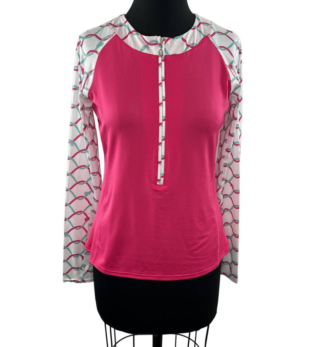 SANSOLEIL SolCool Pink White Long Sleeve Partial Zip Mock Neck Stretch Top Sz S